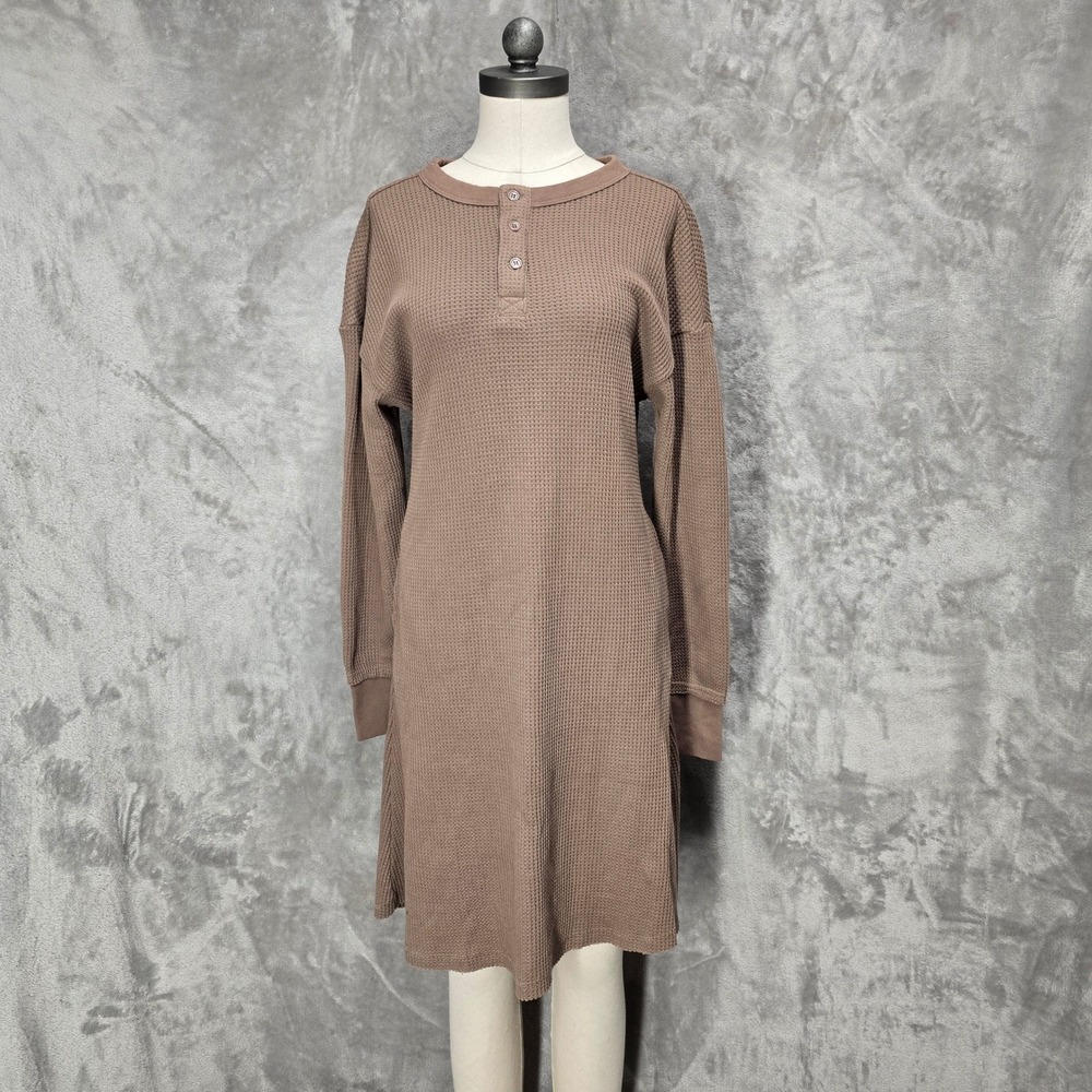 Little Bipsy Thermal Henley Dress Women S Brown Waffle Knit Long Sleeve Lounge